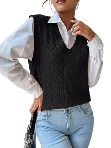 RefindWin Women's Casual V-Neck Cable Knit Sweater Vest