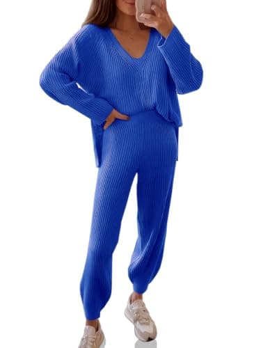 Tankaneo Women's Oversized V-Neck Sweater and Wide Leg Pants Loungewear Set