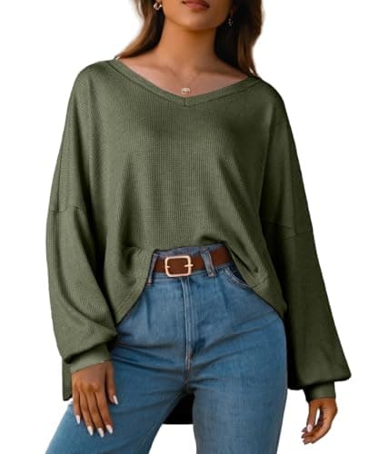 IWOLLENCE Women's Oversized Long Sleeve V-Neck Tunic Sweater Top