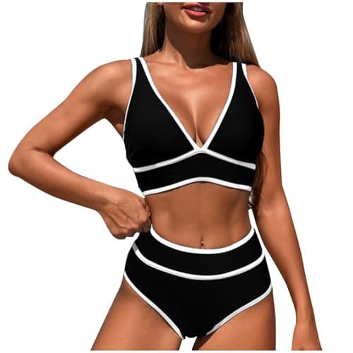 Cethrio Plus Size Color Block High Waisted Sparkle Bikini Swimwear