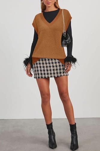 Arach&Cloz Women's Fall Sleeveless V-Neck Fleece Sweater Vest Tops