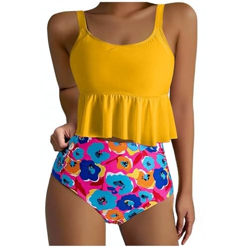 Yxzogd Women's 2025 Summer Ruffle Tankini Bikini Set Floral Swim Suit