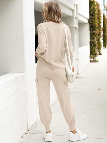 Caracilia Women's Long Sleeve Knit Outfit Matching Jogger Pants Fall Lounge Sets