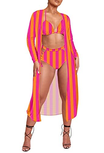 Women's Printed 3 Piece High Waist Bikini Maxi Swimsuit Cover Up