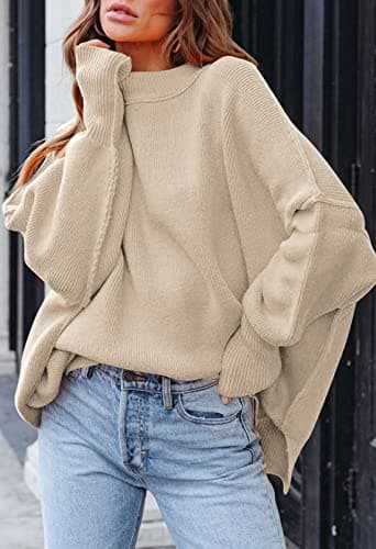 Women's 2023 Fall Oversized Sweater with Batwing Sleeves Ribbed Knit Tops
