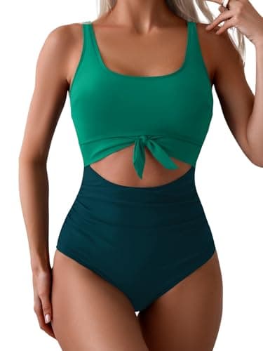 Eomenie Women's Tummy Control One Piece Swimwear with Cutout Tie Knot