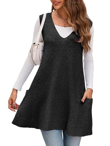 Saodimallsu Women's V-Neck Loose Knit A-Line Flattering Sleeveless Sweater Vest with Pockets