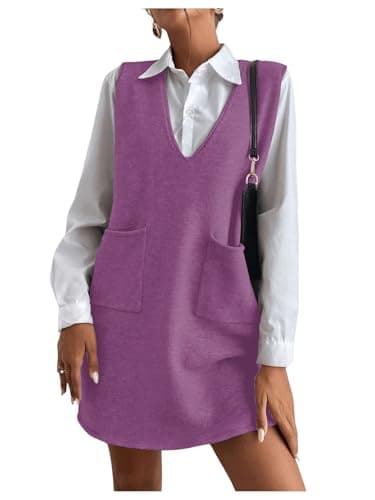 OYOANGLE Women's V-Neck Sleeveless Knitted Short Sweater Dress with Pockets