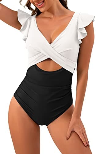 B2prity Women's Slimming V-Neck One Piece Swimwear with Ruffle Cutout