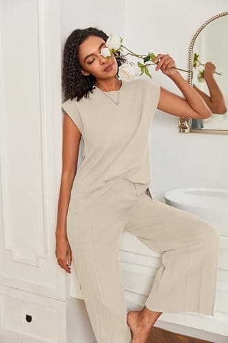 Ekouaer Women's Knit Cap Sleeve Tops & Wide Leg Pleated Pants Casual Sweater Sets