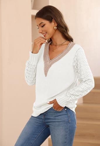 Trendy Long Sleeve Lace V Neck Knit Loose Pullover Sweaters for Women