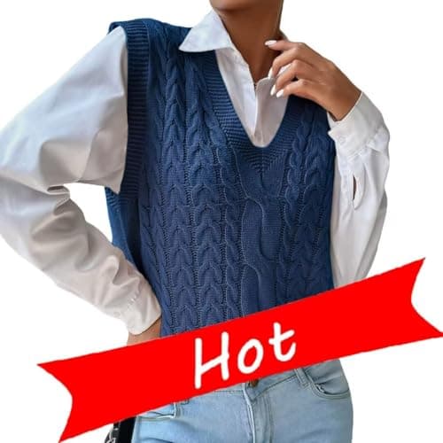 RefindWin Women's Casual V-Neck Cable Knit Sweater Vest