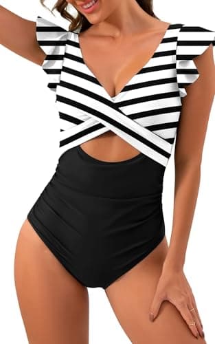 B2prity Women's Slimming V-Neck One Piece Swimwear with Ruffle Cutout