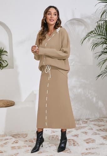Pink Queen 2024 Women's V-Neck Sweater & Long Sleeve Maxi Skirt Casual Set