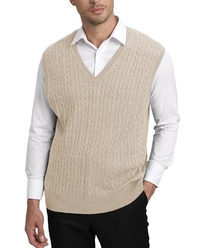 Kallspin Men's Wool Blended Cable Knit V-Neck Sweater Vest