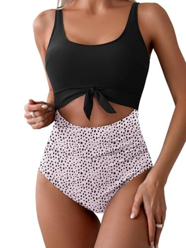 Eomenie Women's Tummy Control One Piece Swimwear with Cutout Tie Knot