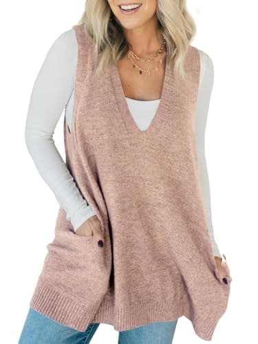 Saodimallsu Women's V-Neck Loose Knit A-Line Flattering Sleeveless Sweater Vest with Pockets