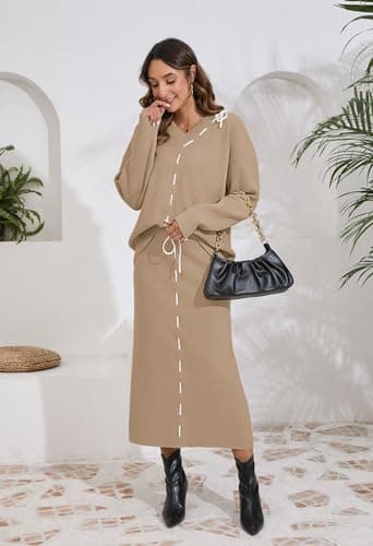 Pink Queen 2024 Women's V-Neck Sweater & Long Sleeve Maxi Skirt Casual Set