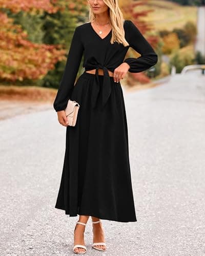 PRETTYGARDEN Women's Casual V-Neck Long Sleeve Crop Top & High Waist Midi Skirt Set