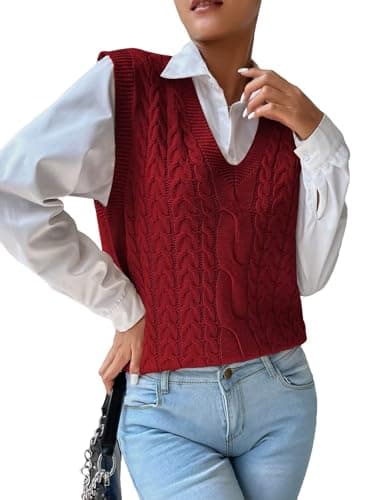 RefindWin Women's Casual V-Neck Cable Knit Sweater Vest