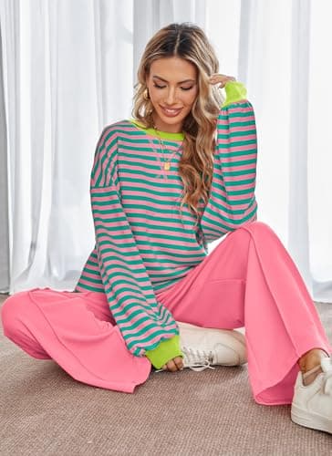 Kikibell Women's Striped Color Block Sweatshirt & Wide Leg Pants Trendy Tracksuit