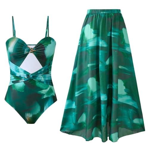 Cethrio Plus Size Vintage Printed Bodystyle Swimwear with Sarong Wrap Skirt