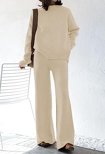 High Neck Knitted Sweater and Wide Leg Pant Set for Women