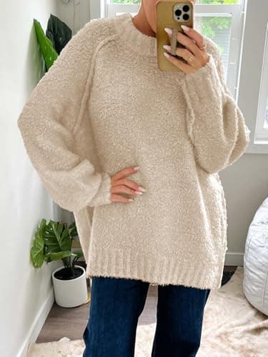 Saodimallsu Women's Oversized Fuzzy Crew Neck Long Sleeve Tunic Sweater 2024 Fall Trendy