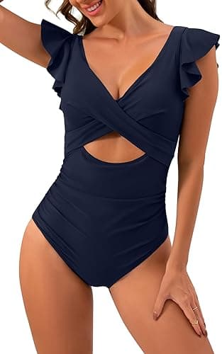 B2prity Women's Slimming V-Neck One Piece Swimwear with Ruffle Cutout
