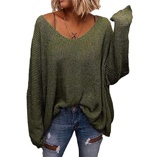 BZB Women's V-Neck Loose Oversized Long Sleeve Knit Sweater Top