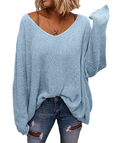 BZB Women's V-Neck Loose Oversized Long Sleeve Knit Sweater Top