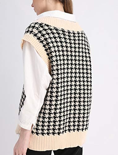 Oversized Houndstooth Knitted Vest Sweater for Vintage V-Neck Loose Sleeveless Sweater