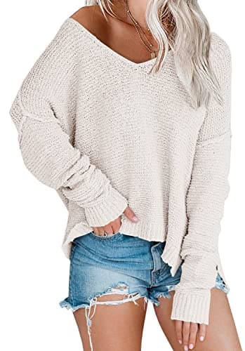LAICIGO Women's Oversized Off-Shoulder Knit Sweater V-Neck Loose Pullover Tops