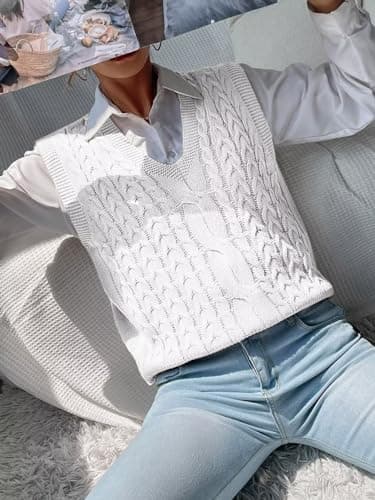 RefindWin Women's Casual V-Neck Cable Knit Sweater Vest