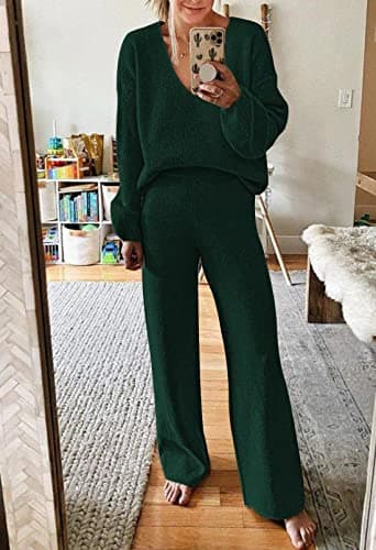 Women's Casual V-neck Knit Sweater and Wide Leg Pants Set