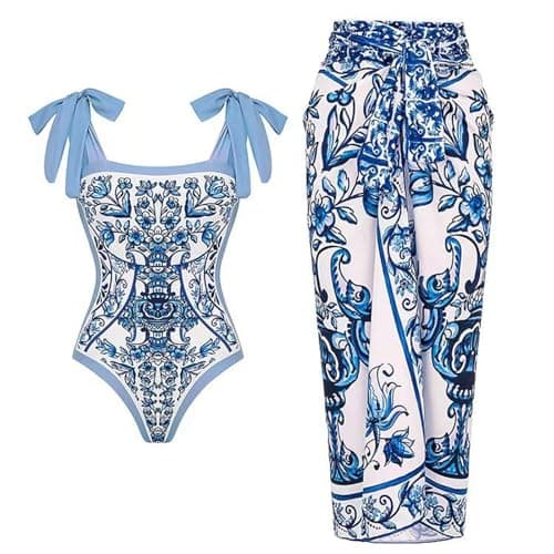 Cethrio Plus Size Vintage Printed Bodystyle Swimwear with Sarong Wrap Skirt