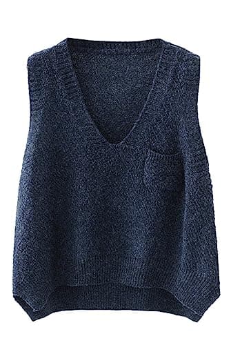 Futurino Women's Solid Color Low V Neck Knitted Sweater Vest Tops