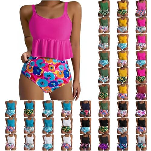 Yxzogd Women's 2025 Summer Ruffle Tankini Bikini Set Floral Swim Suit