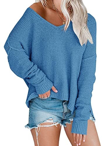 LAICIGO Women's Oversized Off-Shoulder Knit Sweater V-Neck Loose Pullover Tops
