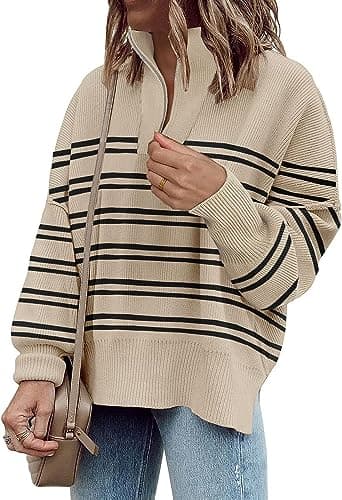 SAUKOLE Women's Oversized Zip-Up Striped Sweatshirt with Batwing Sleeves