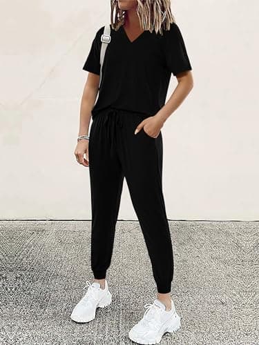 MASCOMODA Women's Summer V-NeckShort Sleeve Top & Long Pants Tracksuit