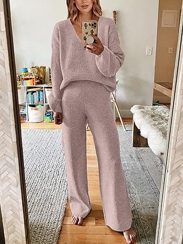 ANRABESS Women's Long Sleeve Cable Knit Set with Wide Leg Pants