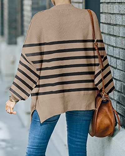 SAUKOLE Women's Oversized Zip-Up Striped Sweatshirt with Batwing Sleeves