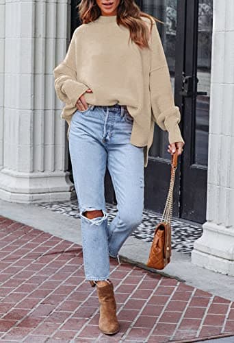 Women's 2023 Fall Oversized Sweater with Batwing Sleeves Ribbed Knit Tops