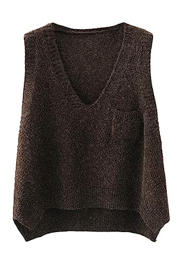 Futurino Women's Solid Color Low V Neck Knitted Sweater Vest Tops