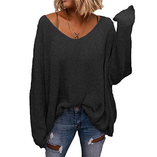 BZB Women's V-Neck Loose Oversized Long Sleeve Knit Sweater Top