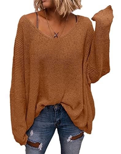 BZB Women's V-Neck Loose Oversized Long Sleeve Knit Sweater Top