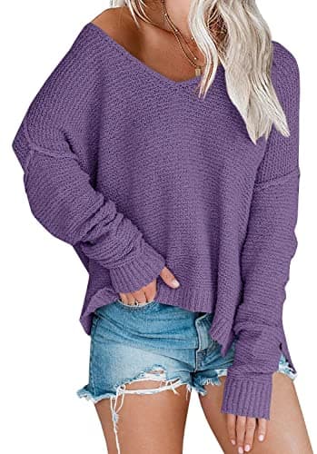 LAICIGO Women's Oversized Off-Shoulder Knit Sweater V-Neck Loose Pullover Tops