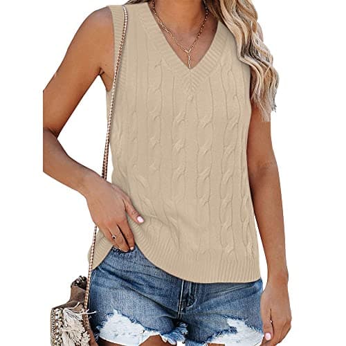 Fisoew Women's Vintage Knitted V-Neck Sleeveless Casual Vest