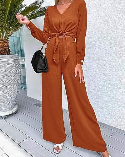 PrettyGarden Women's 2025 Spring V Neck Crop Top & Wide Leg Palazzo Pants Outfit Sets
